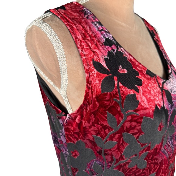 Vtg Y2k Red Black Floral Velvet Burnout Tiered V Neck Midi Dress Sz L Whimsygoth - Picture 5 of 12